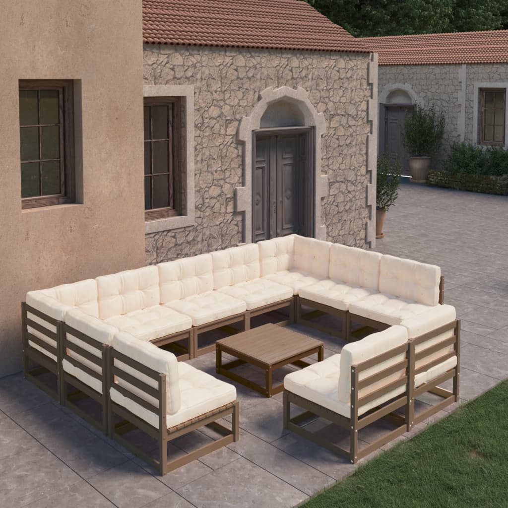10-tlg. Garten-Lounge-Set Kissen Honigbraun Kiefer Massivholz